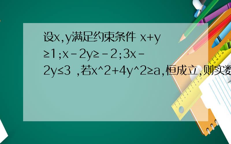 设x,y满足约束条件 x+y≥1;x-2y≥-2;3x-2y≤3 ,若x^2+4y^2≥a,恒成立,则实数a的最大值为