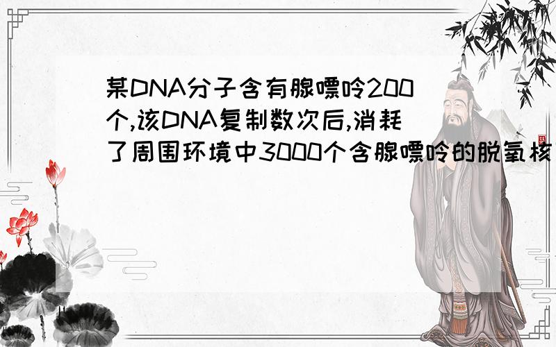 某DNA分子含有腺嘌呤200个,该DNA复制数次后,消耗了周围环境中3000个含腺嘌呤的脱氧核苷酸,则该DNA分子已经复制了多少次?为什么是200*（2^n-1）=3000